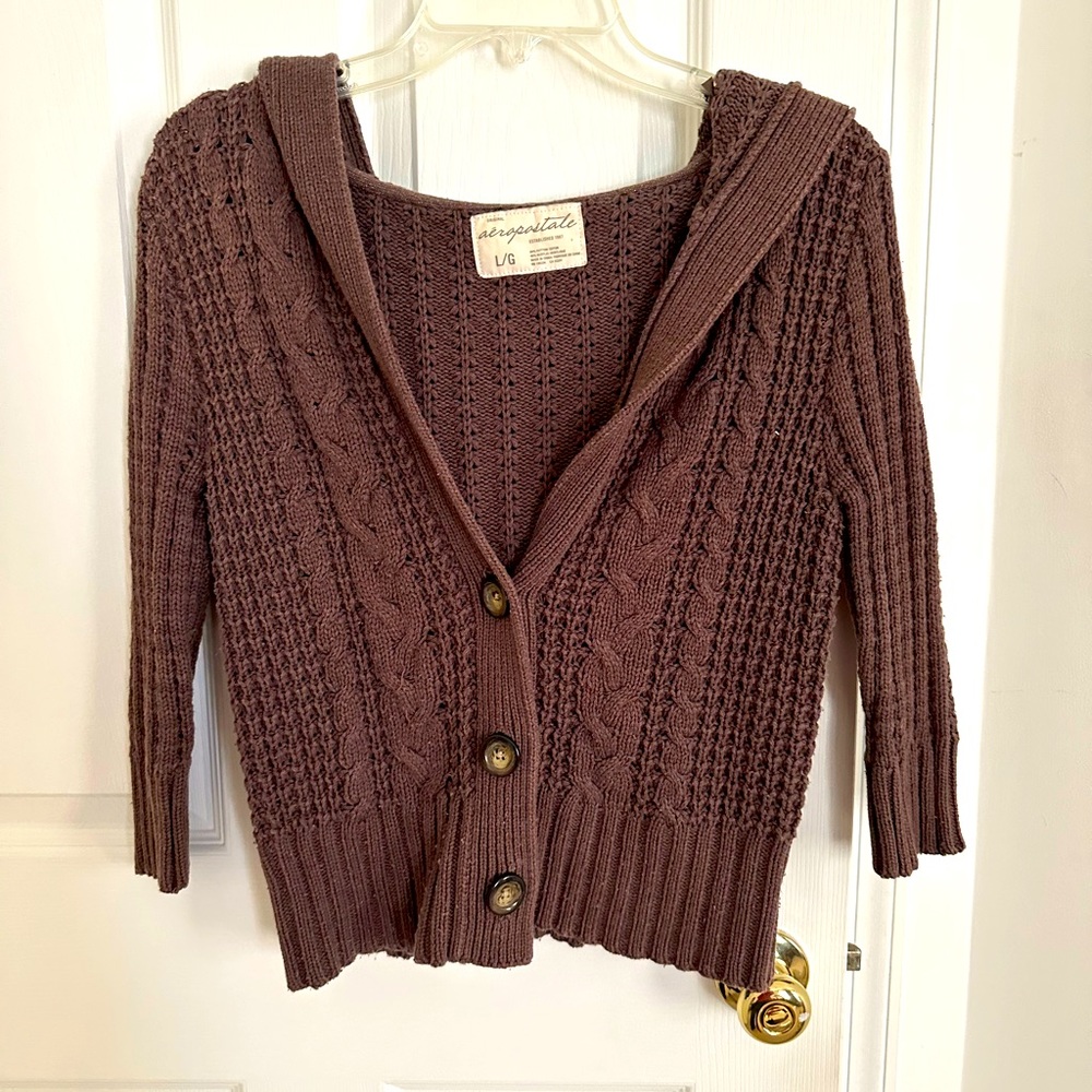 3/4 sleeve brown knit cardigan with hood and buttons